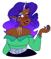 Size: 2048x2366 | Tagged: safe, artist:cubbybatdoodles, rarity, human, unicorn, g4, dark skin, elf ears, female, high res, horn, horned humanization, humanized, one eye closed, simple background, smiling, solo, transparent background, unicorns as elves