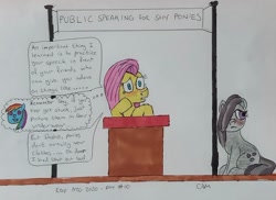 Size: 1124x819 | Tagged: safe, artist:rapidsnap, fluttershy, marble pie, rainbow dash, earth pony, pony, g4, atg 2020, blushing, dialogue, female, mare, newbie artist training grounds, podium, public speaking, sitting, stage, traditional art