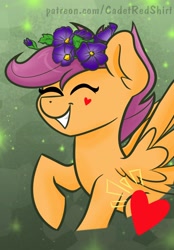 Size: 1500x2160 | Tagged: safe, artist:cadetredshirt, scootaloo, pegasus, pony, g4, adorable face, cute, cutealoo, ear fluff, eyes closed, female, floral head wreath, flower, flower in hair, heart, patreon, patreon reward, print, simple background, smiling, solo, spread wings, wings