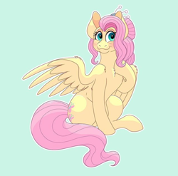 Size: 1192x1178 | Tagged: safe, artist:riocin765, fluttershy, pegasus, pony, g4, blushing, chest fluff, cute, female, hoof on chest, looking at you, mare, older, older fluttershy, one wing out, outline, shyabetes, simple background, sitting, solo, spread wings, teal background, white outline, wing fluff, wings