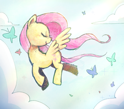 Size: 1000x875 | Tagged: safe, artist:fuyugi, fluttershy, butterfly, pegasus, pony, butt wings, cloud, cute, eyes closed, female, flying, mare, pixiv, profile, shyabetes, sky, smiling, solo, spread wings, wings