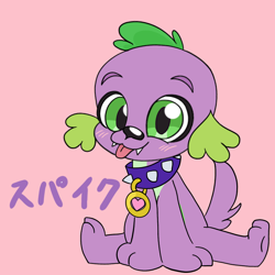 Size: 768x768 | Tagged: safe, artist:nene, spike, spike the regular dog, dog, equestria girls, g4, :p, blushing, cute, japanese, katakana, looking at you, male, pink background, pixiv, simple background, sitting, solo, spikabetes, tongue out