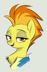 Size: 711x1078 | Tagged: safe, artist:azamiii, spitfire, pegasus, pony, g4, bedroom eyes, bust, chest fluff, clothes, female, lidded eyes, looking at you, portrait, seductive, seductive look, sexy, simple background, solo, stupid sexy spitfire, uniform, wonderbolts uniform