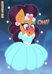 Size: 2400x3400 | Tagged: safe, artist:snakeythingy, saffron masala, g4, what lies beneath, blushing, clothes, clothes swap, dress, glowing, gown, high res, jewelry, princess, story included, tiara