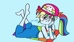 Size: 1334x750 | Tagged: safe, artist:nene, rainbow dash, equestria girls, g4, my little pony equestria girls: better together, ass, barefoot, blue background, blushing, butt, cap, cute, dashabetes, eye clipping through hair, feet, female, hand on cheek, hat, legs in air, pixiv, prone, simple background, solo, the pose