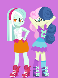 Size: 1200x1600 | Tagged: safe, artist:nene, artist:nene2000310, bon bon, lyra heartstrings, sweetie drops, equestria girls, g4, life is a runway, adorabon, alternate hairstyle, arm behind head, clothes, cute, dress, duo, female, hairband, hand on hip, lyrabetes, no pupils, pixiv, purple background, simple background
