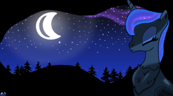 Size: 3463x1931 | Tagged: safe, artist:qnighter, princess luna, alicorn, firefly (insect), insect, pony, g4, chest fluff, female, milky way galaxy, moon, moonlight, night, solo, starry mane, starry night, stars, tree, wallpaper