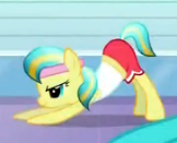 Size: 162x131 | Tagged: safe, screencap, sunshine splash, crystal pony, earth pony, pony, g4, games ponies play, ass up, athlete, clothes, cropped, female, mare, smiling, solo, stretching, sweatband