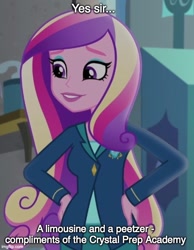 Size: 500x644 | Tagged: safe, edit, edited screencap, screencap, dean cadance, princess cadance, equestria girls, g4, my little pony equestria girls: friendship games, caption, cropped, female, food, hand on hip, home alone, home alone 2: lost in new york, image macro, imgflip, meme, peetzer, pizza, solo, text, that pony sure does love pizza