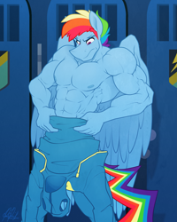 Size: 2477x3093 | Tagged: safe, artist:ponyanony, rainbow dash, pegasus, anthro, g4, abs, biceps, buff, clothes, high res, male, manly, muscles, muscular male, partial nudity, pecs, rainbow blitz, rainbuff dash, rule 63, serious, serious face, solo, tight clothing, topless, uniform, wonderbolts uniform