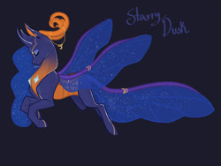 Size: 1600x1200 | Tagged: safe, artist:owllion, oc, oc only, oc:starry dusk, alicorn, changedling, changeling, changepony, hybrid, pony, black background, changedling oc, changeling oc, ethereal mane, eyes closed, female, horn, horn jewelry, horns, insect wings, interspecies offspring, jewelry, mare, offspring, parent:princess luna, parent:thorax, parents:thuna, simple background, solo, starry mane, tail jewelry, wing jewelry, wings