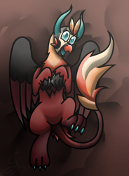 Size: 1062x1440 | Tagged: safe, artist:somber, oc, oc only, griffon, hybrid, kirin, bed, bedroom, colored, cute, female, griffon oc, lying on bed, on back, on bed, paws, smiling, smiling at you, solo, talons