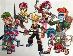 Size: 3695x2816 | Tagged: safe, artist:bozzerkazooers, half note, melody, patch (g1), sweetheart, oc, oc only, oc:ace, oc:clover bloom, oc:sweetheart, oc:teddy, equestria girls, g4, baton, belt, boots, butterfly sword, chain claw, chakram, clothes, female, hammer, hat, high res, looking at you, martial arts, microphone, ninja, pants, pose, poster, shinia bamboo sword, shirt, shoes, simple background, skirt, smiling, sneakers, sweater, sweater around waist, tang sword, traditional art, war hammer, weapon, white background