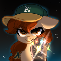 Size: 677x677 | Tagged: safe, artist:oofycolorful, oc, oc only, oc:vanilla creame, baseball cap, cap, fist, glowing, hat, infinity gauntlet, infinity stones, oakland athletics, simple background, space, space background