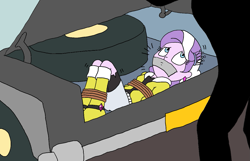 Size: 1311x845 | Tagged: safe, artist:bugssonicx, diamond tiara, human, equestria girls, g4, accessory, bondage, boots, bound and gagged, car, clothes, diamondsub tiara, ear piercing, earring, female, femsub, gag, jacket, jewelry, kidnapped, offscreen character, peril, piercing, scared, shirt, shoes, skirt, solo focus, spare tire, submissive, tape, tape gag, tied up, trunk, wheel
