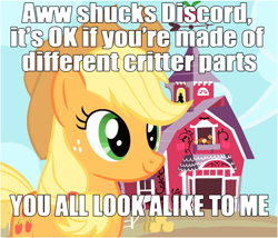 Size: 786x672 | Tagged: safe, edit, edited screencap, screencap, applejack, earth pony, pony, friendship is magic, g4, applejack's hat, caption, cowboy hat, critter parts, definitely not racist, female, friendship, hat, image macro, implied discord, love and tolerate, mare, mouthpiece, out of character, racism, racist barn, solo, sweet apple acres, sweet apple acres barn, text