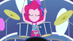 Size: 1920x1080 | Tagged: safe, screencap, pinkie pie, equestria girls, equestria girls specials, g4, my little pony equestria girls: better together, my little pony equestria girls: spring breakdown, all good (song), cute, diapinkes, drum kit, drums, female, geode of sugar bombs, magical geodes, musical instrument, sleeveless, smiling, solo