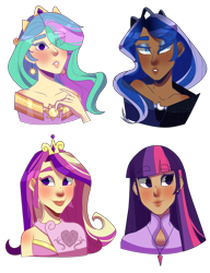 Size: 2000x2603 | Tagged: safe, artist:garliccrusher08, princess cadance, princess celestia, princess luna, twilight sparkle, human, g4, alternate hairstyle, blushing, clothes, crown, dark skin, dress, ear piercing, earring, eyeshadow, female, hair over one eye, high res, humanized, jewelry, lipstick, makeup, necklace, piercing, regalia, royal sisters, simple background, transparent background