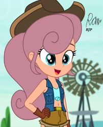 Size: 850x1050 | Tagged: safe, artist:rjp.rammy, wildwood flower, equestria girls, g4, belly button, belt, clothes, cowboy, cowboy hat, cowgirl, denim, equestria girls-ified, female, front knot midriff, gloves, hat, midriff, open mouth, ponytail, short shirt, shorts, sleeveless, solo, stetson, vest, wildwood flower's hat, windmill