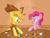 Size: 1740x1336 | Tagged: safe, artist:notadeliciouspotato, braeburn, pinkie pie, earth pony, pony, g4, atg 2020, beyond the impossible, cider, cider mug, clothes, cowboy hat, cup, dialogue, dice, dreamworks face, duo, female, frown, hat, hoof on chin, male, mare, mug, newbie artist training grounds, open mouth, pinkie being pinkie, shocked, smiling, speech bubble, stallion, table, vest, water, wide eyes