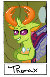 Size: 710x1080 | Tagged: safe, alternate version, artist:vassy.draws, thorax, changedling, changeling, g4, bust, grin, hooves together, king thorax, male, smiling, solo