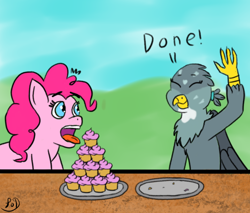Size: 1000x850 | Tagged: safe, artist:paw-of-darkness, gabby, pinkie pie, earth pony, griffon, pony, g4, atg 2020, cupcake, cute, food, gabbybetes, newbie artist training grounds, plate, surprised