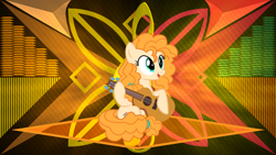 Size: 3840x2160 | Tagged: safe, artist:crystalmagic6, artist:laszlvfx, edit, pear butter, earth pony, pony, g4, female, guitar, high res, musical instrument, solo, wallpaper, wallpaper edit