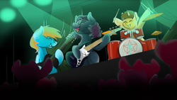 Size: 1280x720 | Tagged: safe, artist:cadetredshirt, oc, oc only, oc:4everfreebrony, oc:drummershy, earth pony, pony, unicorn, accessory, bass guitar, drum kit, drums, eyes closed, geddy lee, glasses, guitar, musical instrument, performance, playing instrument, ponified, rush, stage, stage light