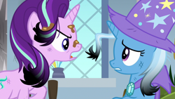 Size: 1920x1080 | Tagged: safe, screencap, starlight glimmer, trixie, pony, unicorn, a horse shoe-in, g4, burnt mane, clothes, duo, female, hat, mare, scorched, trixie's hat