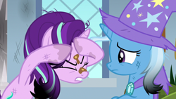 Size: 1920x1080 | Tagged: safe, screencap, starlight glimmer, trixie, pony, unicorn, a horse shoe-in, g4, angry, burnt mane, clothes, dirty, duo, eyes closed, female, hat, mare, scorched, trixie's hat