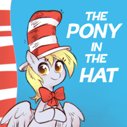 Size: 1200x1200 | Tagged: safe, artist:anonymous, derpy hooves, pegasus, pony, g4, 4chan, cute, derpabetes, dr. seuss, drawthread, female, hat, looking at you, mare, ponified, solo, text, the cat in the hat, underp