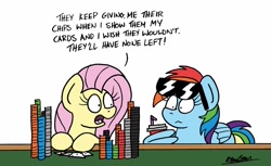 Size: 1024x625 | Tagged: safe, artist:bobthedalek, fluttershy, rainbow dash, pegasus, pony, g4, casino, cute, dialogue, drink, duo, female, gambling, mare, newbie artist training grounds, painfully innocent fluttershy, playing card, poker, poker chips, pokershy, shyabetes, sunglasses, wing hands, wings