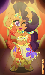 Size: 2400x4000 | Tagged: safe, artist:snakeythingy, saffron masala, pony, unicorn, g4, belly dancer, belly dancer outfit, bipedal, dancer, female, harem outfit, looking at you, mare, one eye closed, story included, the tasty treat, wink, winking at you