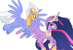 Size: 9551x6541 | Tagged: safe, artist:decprincess, artist:hendro107, edit, vector edit, sky beak, twilight sparkle, alicorn, classical hippogriff, hippogriff, pony, g4, the last problem, armor, crown, ethereal mane, female, flying, horseshoes, jewelry, looking at each other, male, necklace, older, older twilight, older twilight sparkle (alicorn), princess twilight 2.0, regalia, shipping, simple background, starry mane, straight, tiara, transparent background, twibeak, twilight sparkle (alicorn), vector