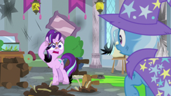 Size: 1920x1080 | Tagged: safe, screencap, starlight glimmer, trixie, pony, unicorn, a horse shoe-in, g4, angry, burnt mane, dirty, female, mare, mess, scorched