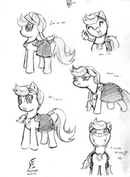 Size: 782x1071 | Tagged: safe, artist:masternodra, oc, unnamed oc, earth pony, pony, clothes, female, grayscale, grin, mare, monochrome, pencil drawing, signature, smiling, tail wrap, traditional art