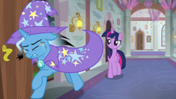 Size: 1920x1080 | Tagged: safe, screencap, trixie, twilight sparkle, alicorn, pony, unicorn, a horse shoe-in, g4, burnt mane, cape, clothes, crying, duo, eyes closed, female, hallway, hat, mare, running, school of friendship, scorched, trixie's cape, trixie's hat, twilight sparkle (alicorn)