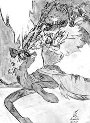 Size: 782x1071 | Tagged: safe, artist:masternodra, nightmare moon, oc, oc:nyx, alicorn, pony, wolf, fanfic:past sins, g4, constellation beast, duo, fanfic art, female, grayscale, injured, lupus major, mare, monochrome, pencil drawing, signature, traditional art