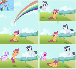 Size: 1876x1688 | Tagged: safe, artist:adcoon, edit, editor:scootabuser, diamond tiara, rainbow dash, rumble, scootaloo, g4, bully, bullying, cloud, cloudy, colt, cropped, female, filly, flying, foal, male, mare, op is a duck, show accurate