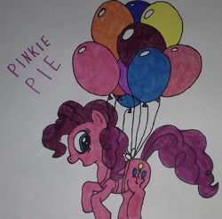 Size: 750x739 | Tagged: safe, artist:electric spark, pinkie pie, earth pony, pony, g4, balloon, cute, diapinkes, female, floating, looking at you, mare, open mouth, simple background, smiling, smiling at you, solo, text, then watch her balloons lift her up to the sky, traditional art, white background