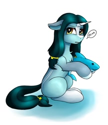 Size: 1280x1477 | Tagged: safe, artist:monsoonvisionz, oc, oc only, oc:abigail, earth pony, pony, shark, female, gift art, hairband, looking at you, mare, plushie, solo