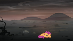 Size: 1280x720 | Tagged: safe, edit, edited screencap, editor:scootabuser, screencap, scootaloo, pony, g4, the cutie re-mark, alternate timeline, ashlands timeline, barren, crying, female, implied genocide, post-apocalyptic, scootalone, solo, wasteland