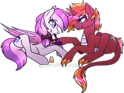 Size: 3000x2258 | Tagged: safe, artist:little_gummy_bear_47, oc, oc only, oc:candlelight, oc:malina, bat pony, kirin, original species, claws, duo, high res, mouth hold, nail polish, oc x oc, shipping, simple background, slender, thin, transparent background
