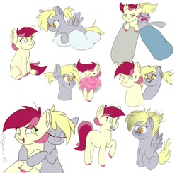 Size: 1500x1467 | Tagged: safe, artist:nyota71, derpy hooves, roseluck, earth pony, pegasus, pony, g4, alternate hairstyle, burned, chibi, cloud, colored hooves, colored pupils, cute, derpyluck, eyes closed, female, flower, hug, hug from behind, laughing, lesbian, mare, patch, ponytail, protecting, shipping, short hair, sleeping, sleeping bag, smiling