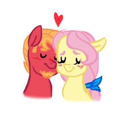 Size: 500x500 | Tagged: safe, artist:onedayhm, color edit, edit, big macintosh, fluttershy, earth pony, pegasus, pony, g4, alternate hairstyle, beard, blushing, colored, cropped, eyes closed, facial hair, female, hair tie, heart, male, mare, nuzzling, older, older big macintosh, older fluttershy, ship:fluttermac, shipping, simple background, stallion, straight, upscaled, white background