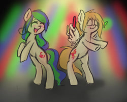 Size: 500x400 | Tagged: safe, artist:askponybrandenburg, earth pony, pegasus, pony, :d, bipedal, brandenburg, dancing, duo, eyes closed, female, glowstick, hetalia, mare, open mouth, ponified, rearing, smiling, wing hands, wings