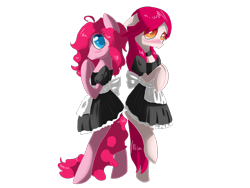 Size: 1600x1200 | Tagged: safe, artist:tomat-in-cup, pinkie pie, oc, oc:cotton candy, earth pony, pony, g4, bipedal, blushing, clothes, duo, female, maid, mare, simple background, transparent background