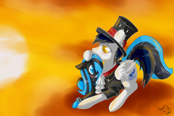 Size: 2400x1600 | Tagged: safe, artist:tomat-in-cup, oc, oc only, pegasus, pony, cloud, duo, hat, on a cloud, pegasus oc, petting, top hat, wings