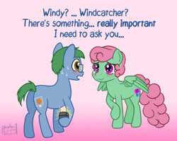 Size: 1000x796 | Tagged: safe, artist:phallen1, oc, oc only, oc:software patch, oc:windcatcher, pony, atg 2020, blushing, crying, duo, female, gradient background, hoof hold, male, marriage proposal, newbie artist training grounds, oc x oc, ring box, shipping, simple background, straight, sweat, talking, tears of joy, windpatch