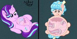 Size: 5000x2542 | Tagged: safe, artist:mihay, cozy glow, starlight glimmer, pony, unicorn, g4, belly, big belly, cozy prey, cozypred, female, filly, filly pred, filly prey, glimmer prey, internal, internal shots, licking, licking lips, mare, mare pred, mare predator, mare prey, safe vore, same size vore, show accurate, smiling, smirk, soft vore, tongue out, vore, vorelight glimmer, x-ray